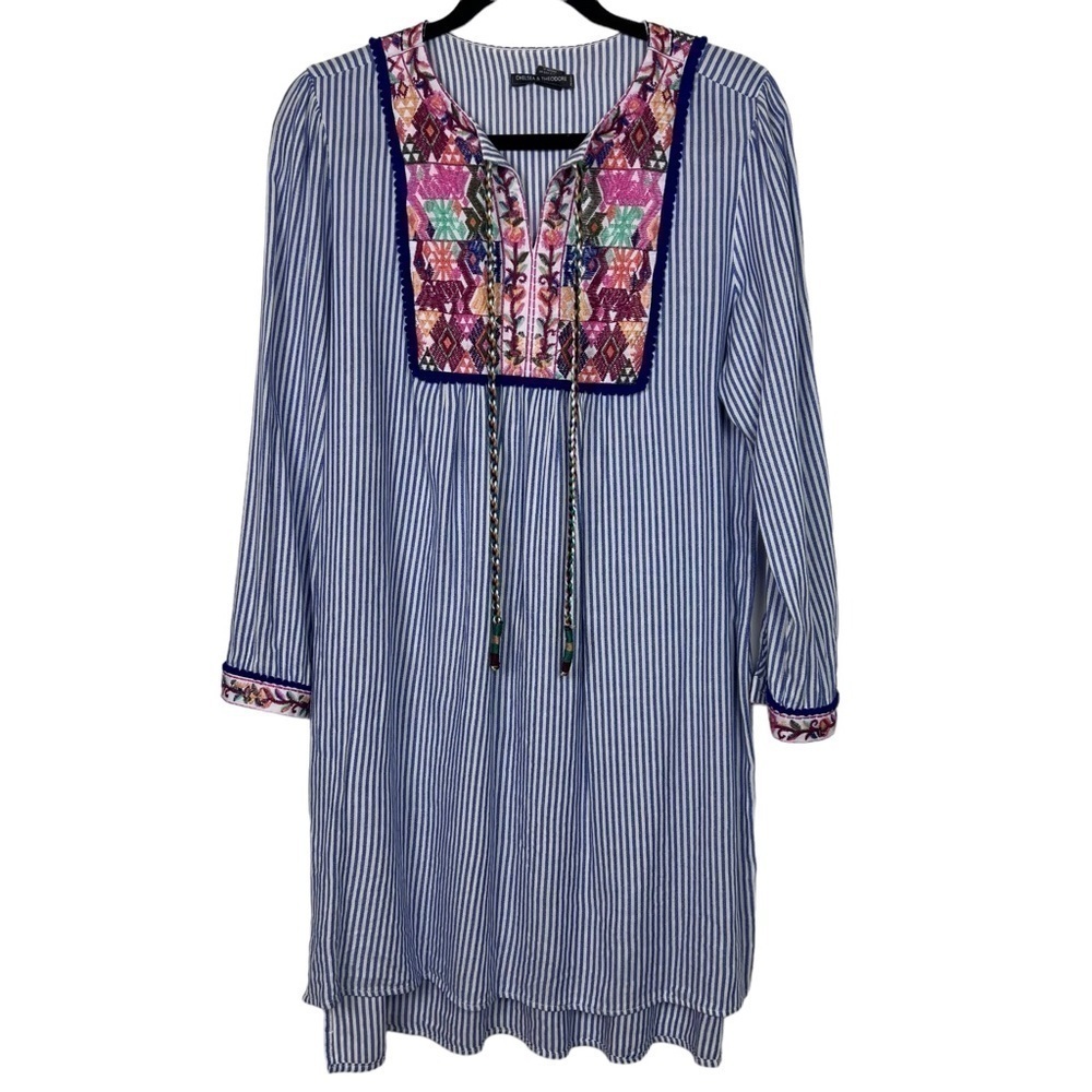 Chelsea & Theodore Blue White Embroidered Tassel Dress Large Petite